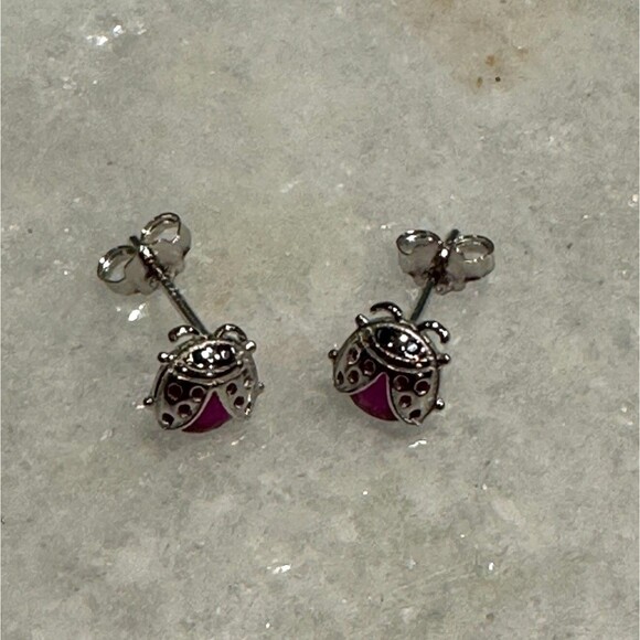 Ladybug Earrings Rhodium Plated Over Silver w/ Simulated Red Stones w/ Gift Box - Picture 2 of 7